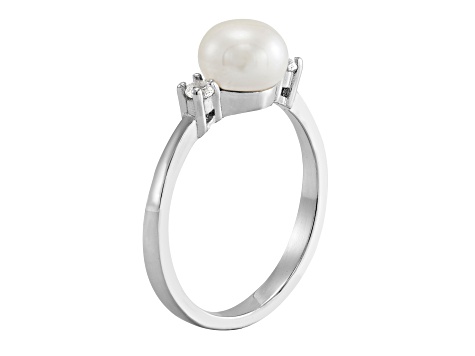 7-8mm Button White Freshwater Pearl and Lab Created White Sapphire Sterling Silver Ring
