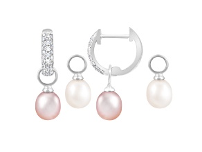 7-8mm White and Pink Cultured Freshwater Pearl Rhodium Over Sterling Silver Earrings