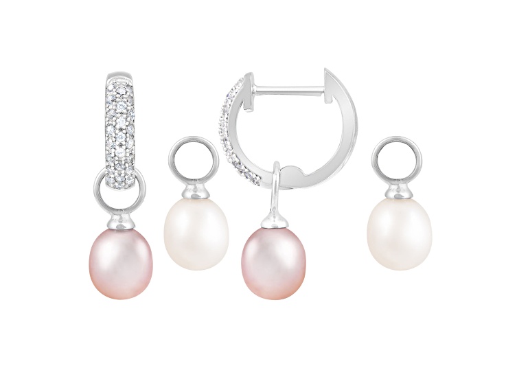 7-8mm White and Pink Cultured Freshwater Pearl Rhodium Over Sterling Silver Earrings