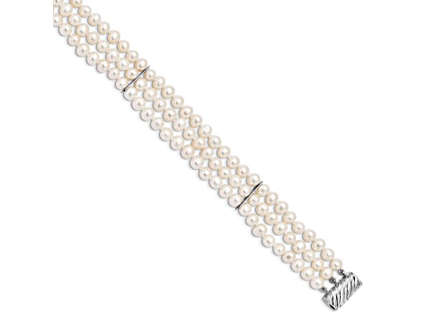 Rhodium Over Sterling Silver 6-7mm White Freshwater Cultured Pearl 3 Strand Bracelet