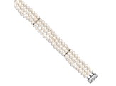 Rhodium Over Sterling Silver 6-7mm White Freshwater Cultured Pearl 3 Strand Bracelet