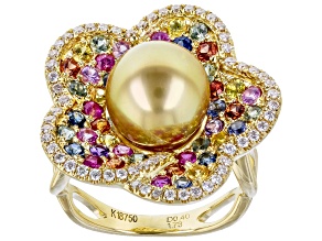 10mm Golden Cultured
South Sea Pearl With 1.73ctw Sapphire and 0.40ctw Diamond 18k Yellow Gold Ring