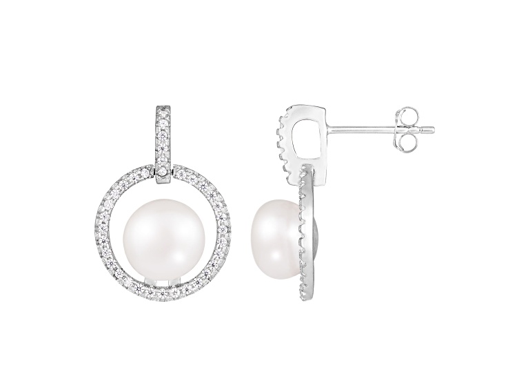 8-9mm White Cultured Freshwater Pearl and Cubic Zirconia Rhodium Over Sterling Silver Earrings