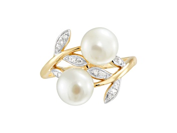 Picture of 7-7.5mm Round White Freshwater Pearl with White Topaz Accents 10K Rose Gold Leaf Design Ring