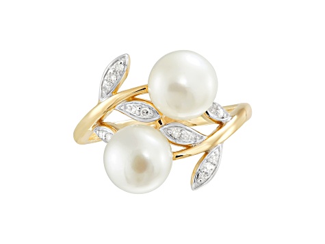 7-7.5mm Round White Freshwater Pearl with White Topaz Accents 10K Rose Gold Leaf Design Ring