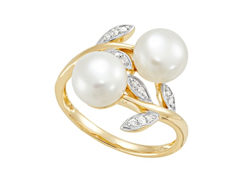 7-7.5mm Round White Freshwater Pearl with White Topaz Accents 10K Rose Gold Leaf Design Ring