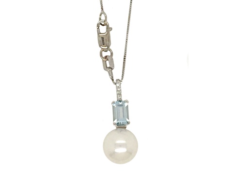 9mm Round White Freshwater Pearl, Aquamarine and Diamond Accents 14K White Gold Pendant with Chain