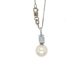 9mm Round White Freshwater Pearl, Aquamarine and Diamond Accents 14K White Gold Pendant with Chain