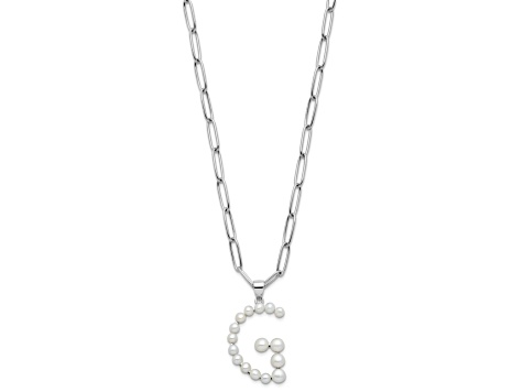 Rhodium Over Sterling Silver 3-5.5mm Freshwater Cultured Pearl LETTER G 18-inch Necklace