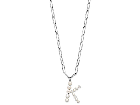 Rhodium Over Sterling Silver 3-5.5mm Freshwater Cultured Pearl LETTER K 18-inch Necklace