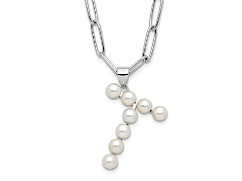 Rhodium Over Sterling Silver 3-5.5mm Freshwater Cultured Pearl LETTER T 18-inch Necklace