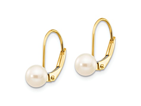14K Yellow Gold 5-6mm White Round Freshwater Cultured Pearl Leverback Earrings