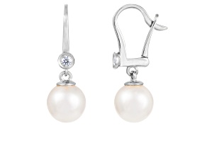 7-8mm Akoya Pearl with Diamond Accent 14K White Gold Leverback Earrings, 0.10ctw