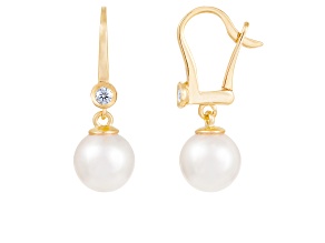 7-8mm Akoya Pearl with Diamond Accent 14K Yellow Gold Leverback Earrings, 0.10ctw