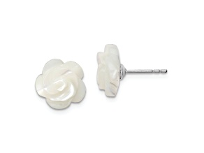 Rhodium Over Sterling Silver 10mm White Mother of Pearl Flower Earrings