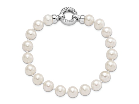 Rhodium Over Sterling Silver 9-10mm White Freshwater Cultured Pearl Cubic Zirconia Fancy Bracelet