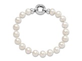 Rhodium Over Sterling Silver 9-10mm White Freshwater Cultured Pearl Cubic Zirconia Fancy Bracelet