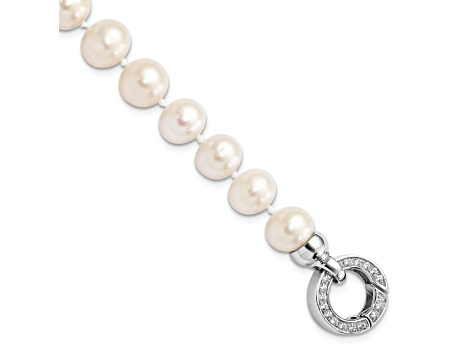 Rhodium Over Sterling Silver 9-10mm White Freshwater Cultured Pearl Cubic Zirconia Fancy Bracelet
