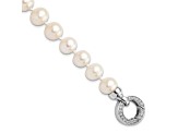 Rhodium Over Sterling Silver 9-10mm White Freshwater Cultured Pearl Cubic Zirconia Fancy Bracelet