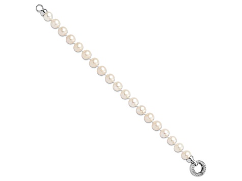 Rhodium Over Sterling Silver 9-10mm White Freshwater Cultured Pearl Cubic Zirconia Fancy Bracelet