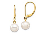 14K Yellow Gold 7-8mm White Round Freshwater Cultured Pearl Leverback Earrings