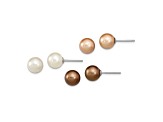 Rhodium Over Sterling Silver 8-9mm White/Champagne/Brown Imitation Shell Pearl 3 Ear Set