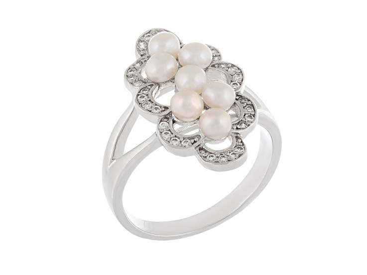 3-4mm White Button Cultured Freshwater Pearl and Cubic Zirconia Rhodium Over Silver Ring