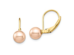 14K Yellow Gold Children's 6-7mm Pink Round Freshwater Cultured Pearl Dangle Earrings