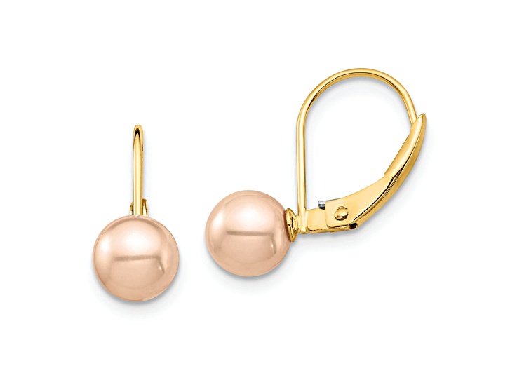 14K Yellow Gold Children's 6-7mm Pink Round Freshwater Cultured Pearl Dangle Earrings