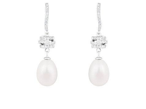 White Cultured Freshwater Pearl and Cubic Zirconia Rhodium Over Sterling Silver 8-9mm Drop Earrings