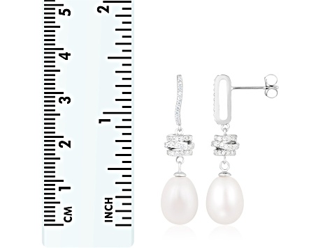 White Cultured Freshwater Pearl and Cubic Zirconia Rhodium Over Sterling Silver 8-9mm Drop Earrings