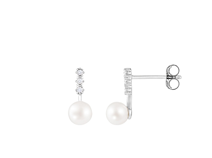7-8mm White Cultured Freshwater Pearl and Cubic Zirconia Rhodium Over Sterling Silver Earrings