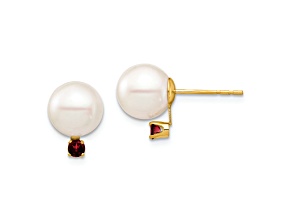 14K Yellow Gold 8-8.5mm White Round Freshwater Cultured Pearl Garnet Post Earrings