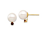 14K Yellow Gold 8-8.5mm White Round Freshwater Cultured Pearl Garnet Post Earrings