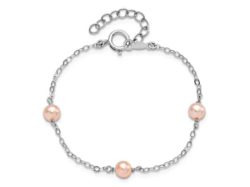 Picture of Rhodium Over Sterling Silver 4-5mm Pink FWC Pearl with 1-inch Extensions Children's Bracelet