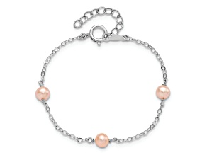 Rhodium Over Sterling Silver 4-5mm Pink FWC Pearl with 1-inch Extensions Children's Bracelet