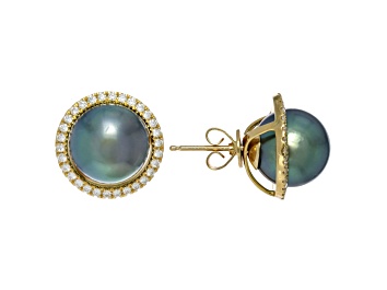 Picture of Peacock Tahitian Cultured Pearl and Diamond Earrings 14K Yellow Gold