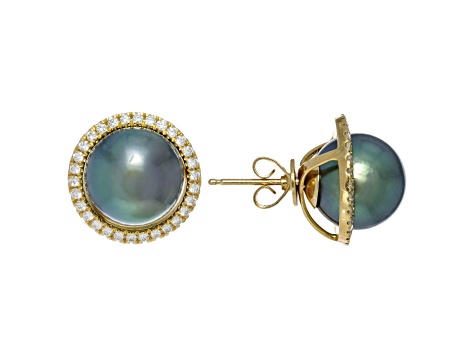 Peacock Tahitian Cultured Pearl and Diamond Earrings 14K Yellow Gold