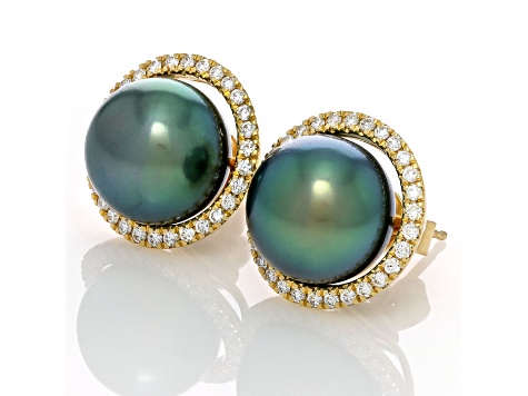 Peacock Tahitian Cultured Pearl and Diamond Earrings 14K Yellow Gold