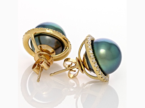 Peacock Tahitian Cultured Pearl and Diamond Earrings 14K Yellow Gold