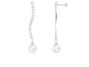 8-8½mm White Cultured Freshwater Pearl and Cubic Zirconia Rhodium Over Sterling Silver Earrings