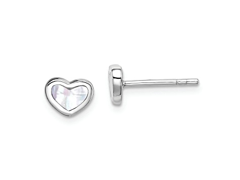 Sterling Silver Rhodium-plated Mother of Pearl Heart Post Earrings
