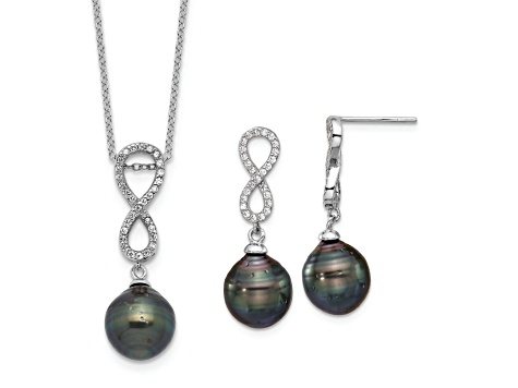 Rhodium Over Sterling Silver Tahitian Pearl/Cubic Zirconia Infinity Necklace and Earring Set