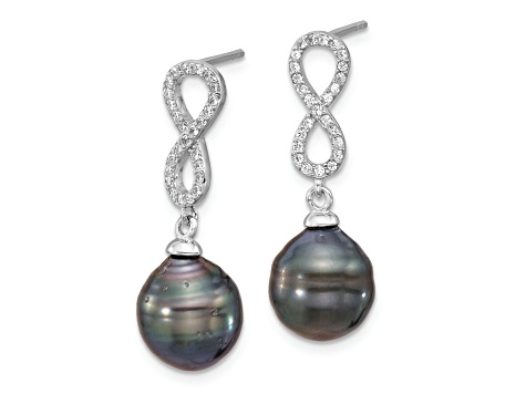 Rhodium Over Sterling Silver Tahitian Pearl/Cubic Zirconia Infinity Necklace and Earring Set