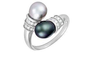 White and Grey Cultured Freshwater Pearl Rhodium Over Silver Ring