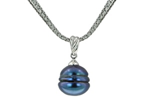 12-13mm Off-Round Black Freshwater Pearl Sterling Silver Pendant with Multi-Row Chain