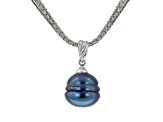 12-13mm Off-Round Black Freshwater Pearl Sterling Silver Pendant with Multi-Row Chain
