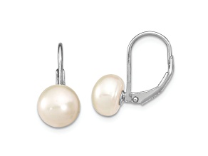 Rhodium Over Sterling Silver 8-9mm Button Freshwater Cultured Pearl Leverback Earrings