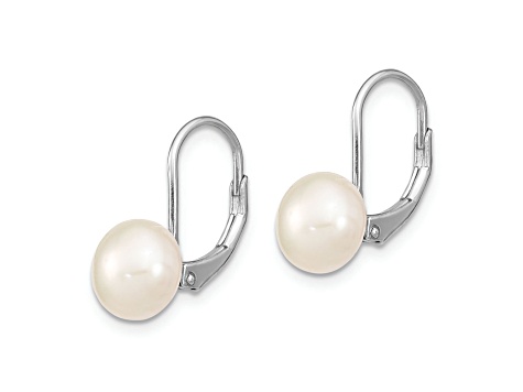 Rhodium Over Sterling Silver 8-9mm Button Freshwater Cultured Pearl Leverback Earrings