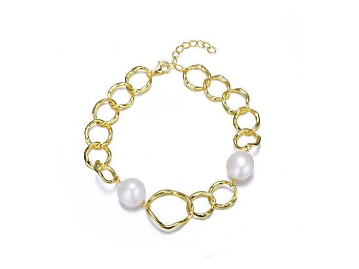 Genuine Freshwater Pearl, 14k Yellow Gold Plating over Sterling Silver Chain Bracelet